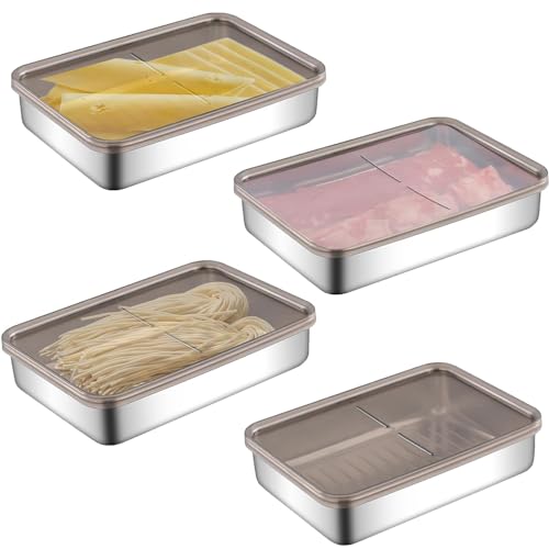 Kongming 4 Stück Edelstahl Aufschnittboxen für Kühlschrank Wurst Aufbewahrung Vorratsdosen mit Deckel Luftdicht Aufschnittbox zur Aufbewahrung von Käse Fleisch Wurst Obst von Kongming