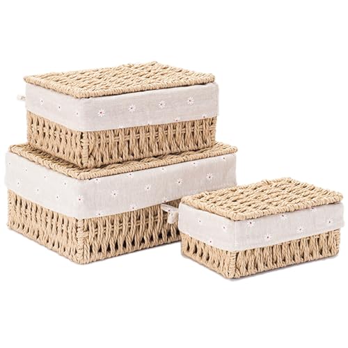Kongming Aufbewahrungsbox mit Deckel & Futter 3 Stück Aufbewahrungskorb aus Papierseil Boho-Decor Korb Geflochten Badezimmer Organizer Boxen Aufbewahrung für Küche Bad Schlafzimmer Balkon von Kongming
