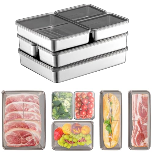 Kongming Aufschnittboxen für Kühlschrank, Aufschnittbox Stapelbare, Aufschnittdosen Vorratsdosen mit Deckel Luftdicht zur Aufbewahrung von Käse Fleisch Wurst Obst (Edelstahl, Set mit 6) von Kongming