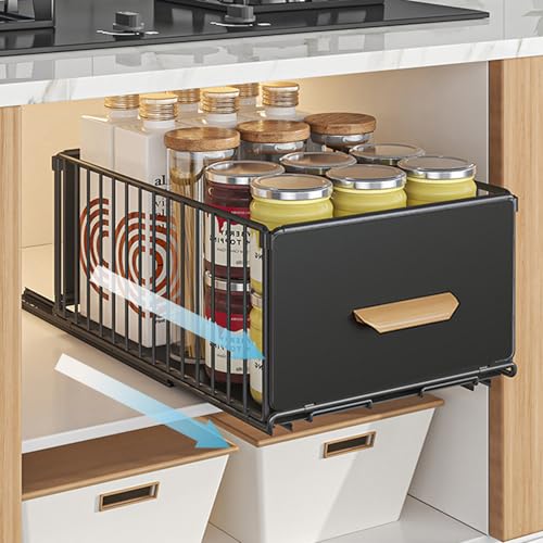 Kongming Ausziehbare Schublade Küche 1 Stück Metall Teleskopschublade zum Nachrüsten Ausziehbarer Schrank Organizer mit Griff & Schienen, Kein Bohren und Nageln Erforderlich, Schwarz, 24*40*18cm von Kongming
