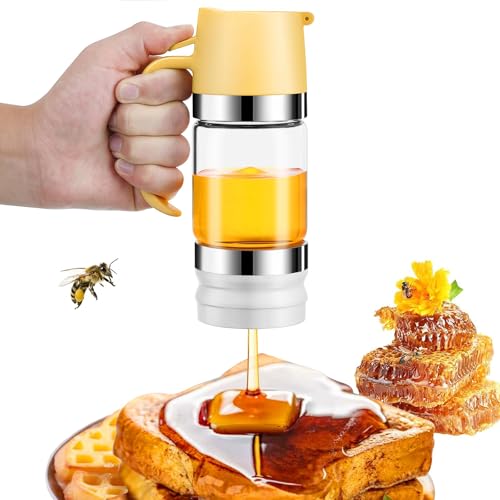 Kongming Honigspender Glas 9 oz/300ml Sirup Spender mit Griff und Halterung, Press - Typ Honigglas für Honig Schokoladen - Sirup, Ahornsirup, Salatsoße, Tropfsicher, Gelb von Kongming