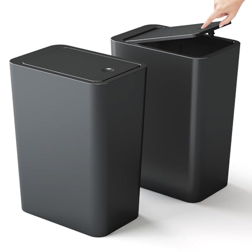 Kongming Mülleimer Bad mit Presse, 2 stück Schmal Abfalleimer Küche, Badmülleimer Klein 10L Mülleimer mit Deckel Geruchsdicht für Küchen, Badezimmer, Büro, Wohnzimmer, Schlafzimmer, WC (Schwarz) von Kongming