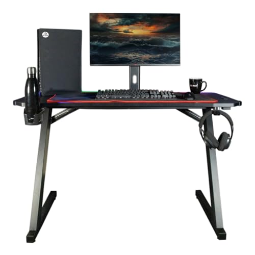Konix Gaming-Schreibtisch Spectra 120 x 60 x 75 cm in Z-Form - 30 LED-Modi - Metallgestell - Becherhalter - Kopfhörerhalter - Schwarz von Konix