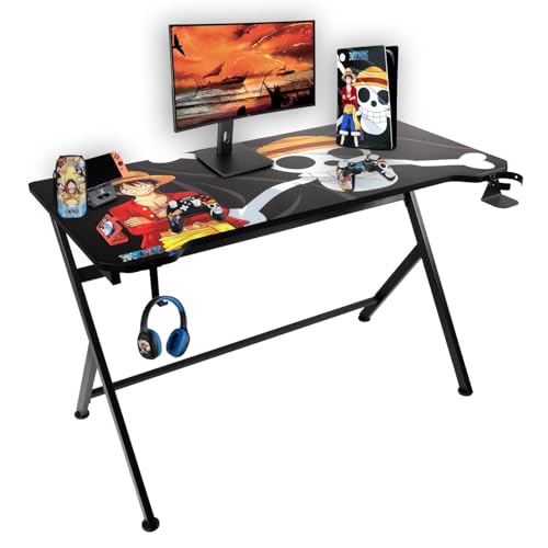 Konix One Piece Gaming Schreibtisch 121 x 69 x 76 cm in Y-Form - Tischplatte aus Holz und Metall - Becherhalter - Kopfhörerhalter - Luffy-Motiv von Konix