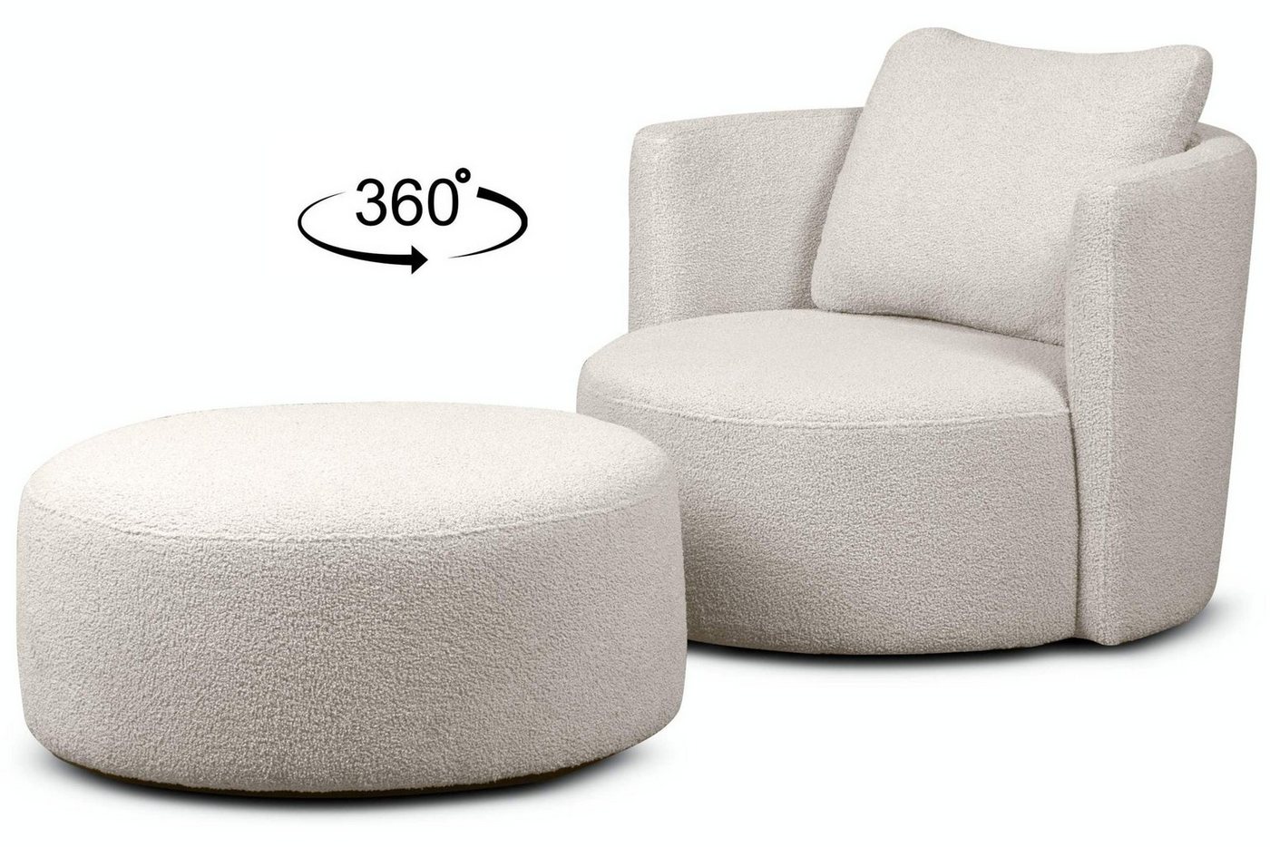 Konsimo Drehsessel RAGGI Sessel mit Sitzhocker, Bouclé-Stoff, komfortables Sitzen, mit 360° Drehfunktion von Konsimo