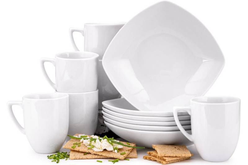 Konsimo Frühstücks-Geschirrset CARLINA Becher-Set & Teller-Set (12-tlg), 6 Personen, Porzellan, Spülmaschinen- und Mikrowellengeeignet, quadratisch von Konsimo