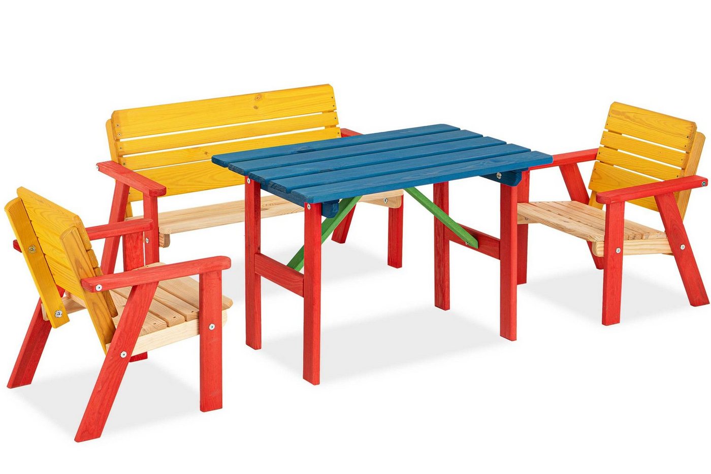 Konsimo Garten-Essgruppe PECARI Garten-Set für Kinder, hergestellt in der EU, (2x Sessel, 1x Tisch, 1x Sofa, 4-tlg), Kiefer-Massivholz, Europäisches FSC-Zertifikat, handgefertigt von Konsimo