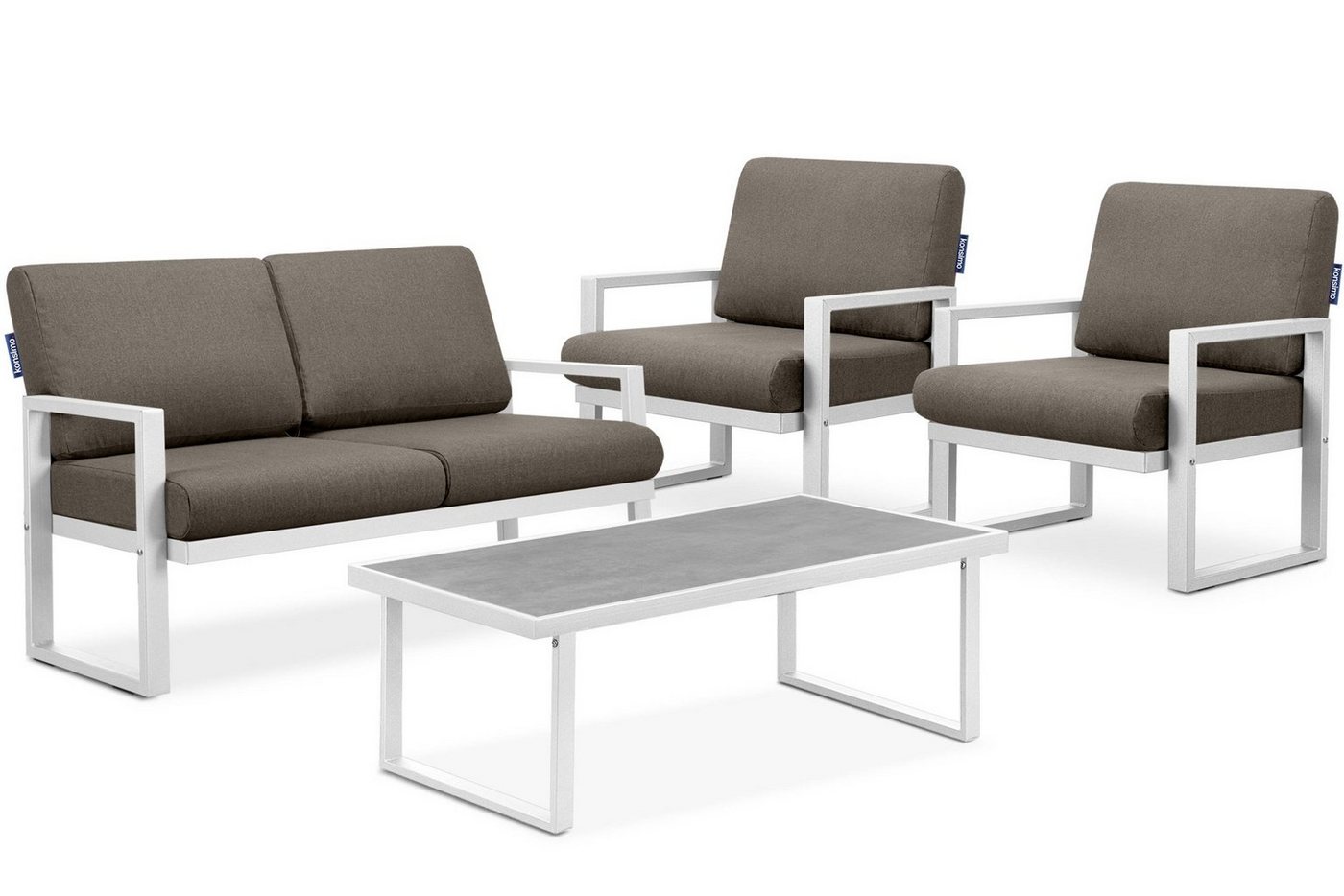 Konsimo Gartenlounge-Set FRENA Garten-Set hergestellt in der EU, (2x Sessel, 1x Tisch, Maße: 118x45x65 cm, 1x Sofa, 4-tlg), rostbeständig, Stahl/Schaumstoff/Gewebe, Modern, mit Auflage von Konsimo