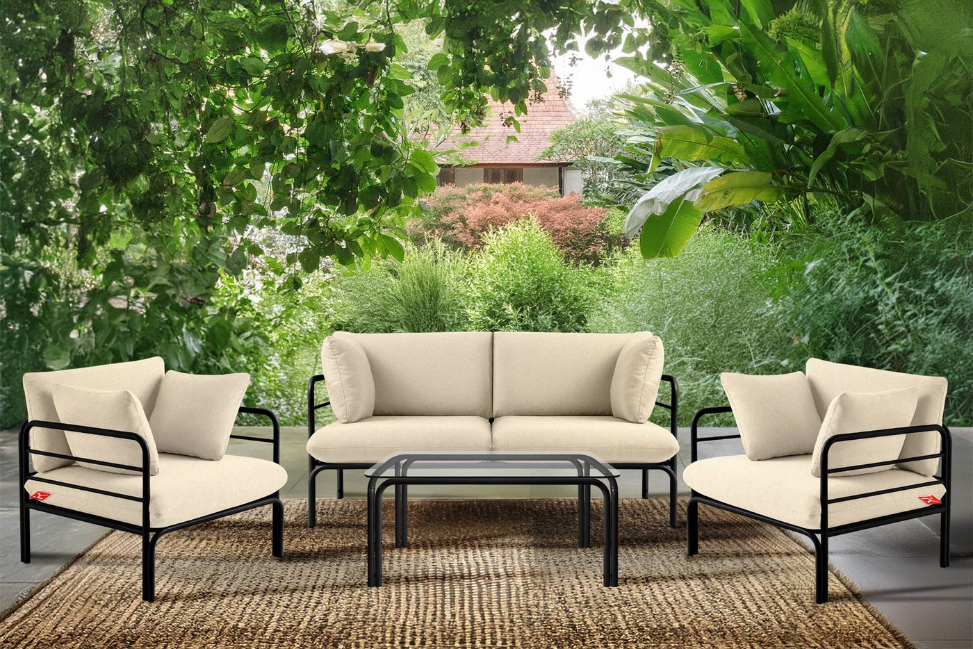 Konsimo Gartenlounge-Set RAMBE Gartenmöbelset, hergestellt in der EU, (4-tlg., 1x Tisch, 2x Sessel, 1x Sofa 2-Sitzer), handgefertigt, Loft-Stil, mit Kissen von Konsimo