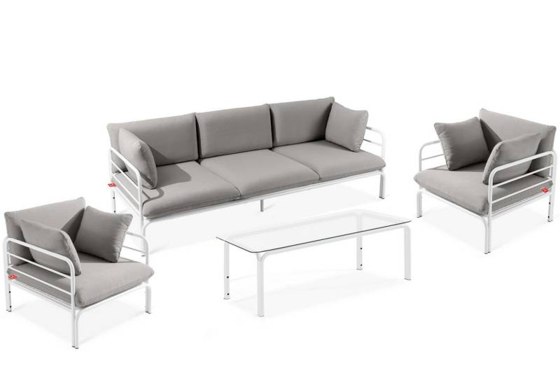 KONSIMO® Gartenlounge-Set RAMBE Gartenmöbelset, hergestellt in der EU, (4-tlg., 1x Tisch, 2x Sessel, 1x Sofa 3-Sitzer, Gewicht des Sets ca. 87 kg), handgefertigt, Loft, mit Auflage, Stahlrahmen von KONSIMO®