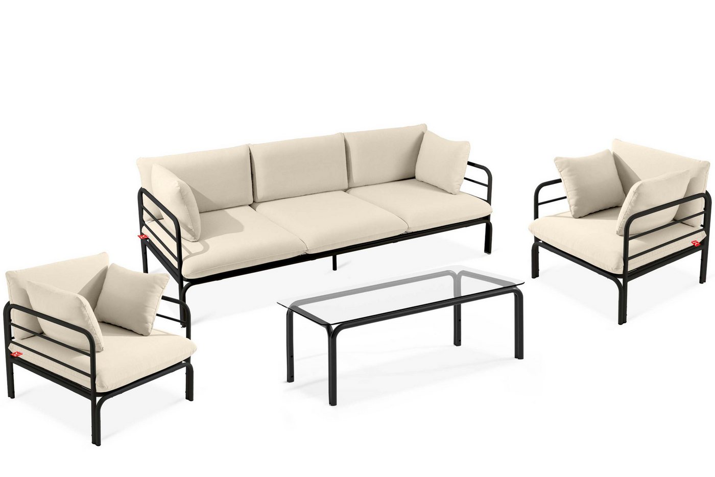 Konsimo Gartenlounge-Set RAMBE Gartenmöbelset, hergestellt in der EU, (4-tlg., 1x Tisch, 2x Sessel, 1x Sofa 3-Sitzer), handgefertigt, Loft, mit Auflage, Stahlrahmen von Konsimo