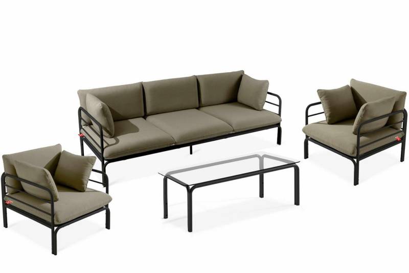 KONSIMO® Gartenlounge-Set RAMBE Gartenmöbelset, hergestellt in der EU, (4-tlg., 1x Tisch, 2x Sessel, 1x Sofa 3-Sitzer, Gewicht des Sets ca. 87 kg), handgefertigt, Loft, mit Auflage, Stahlrahmen von KONSIMO®