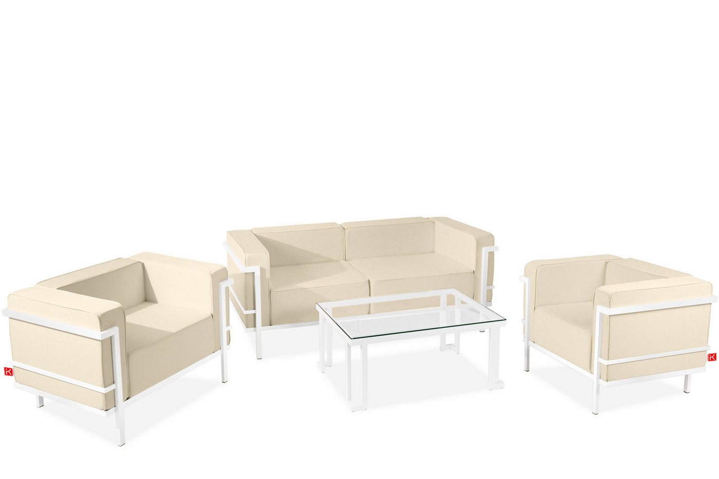 Konsimo Gartenlounge-Set TRIGLO Gartenmöbelset hergestellt in der EU, (4-tlg., 1x Tisch, 2x Sessel, 1x Sofa 2-Sitzer), Modern, handgefertigt, Stahlrahmen, mit Auflage von Konsimo