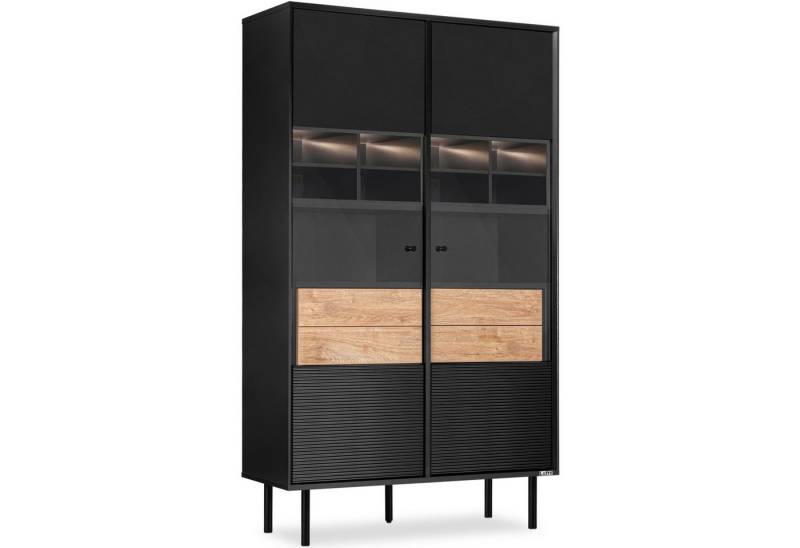 KONSIMO® Glasvitrine LOFTY Vitrinenschrank, Höhe 174 cm, ohne Beleuchtung geriffelte Front, mit Schubladen, Loft-Stil, hergestellt in der EU von KONSIMO®