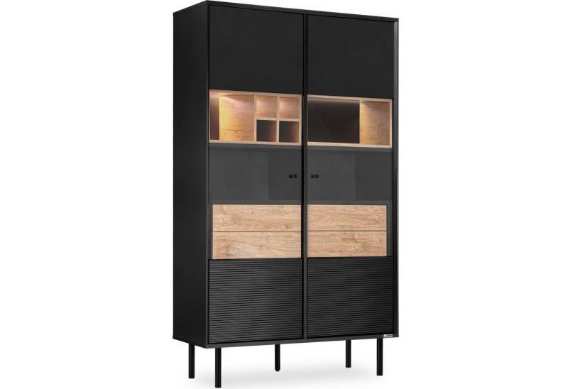 KONSIMO® Glasvitrine LOFTY Vitrinenschrank, Höhe 174 cm, ohne Beleuchtung geriffelte Front, mit Schubladen, Loft-Stil, hergestellt in der EU von KONSIMO®