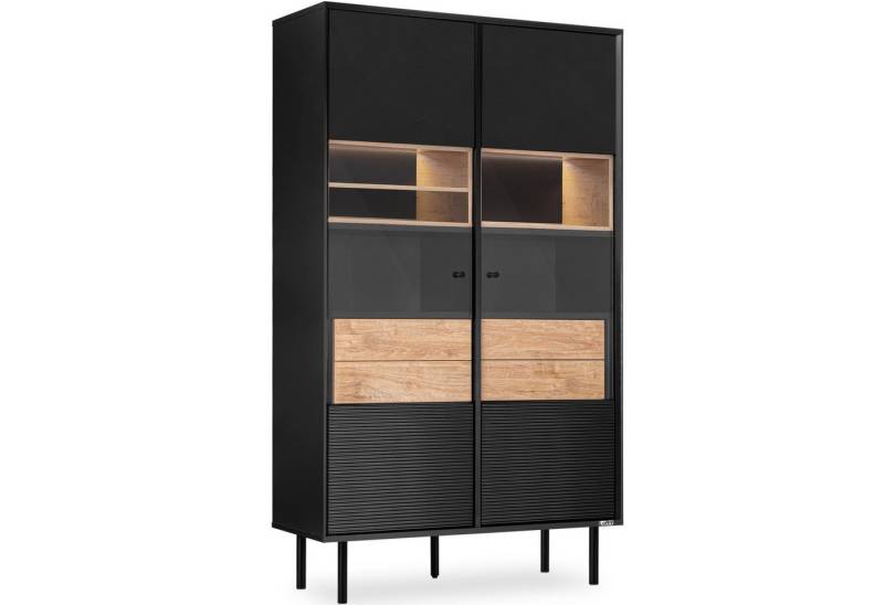 KONSIMO® Glasvitrine LOFTY Vitrinenschrank, Höhe 174 cm, ohne Beleuchtung geriffelte Front, mit Schubladen, Loft-Stil, hergestellt in der EU von KONSIMO®