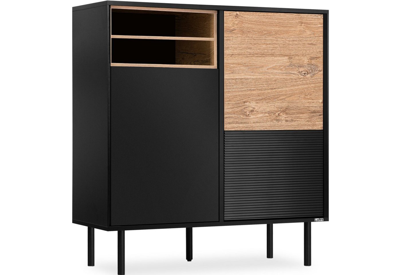 Konsimo Hochkommode LOFTY Sideboard Türkommode mit Füßen eiche schwarz, Höhe 109 cm, Holz, geriffelte Front, 3 Türen von Konsimo