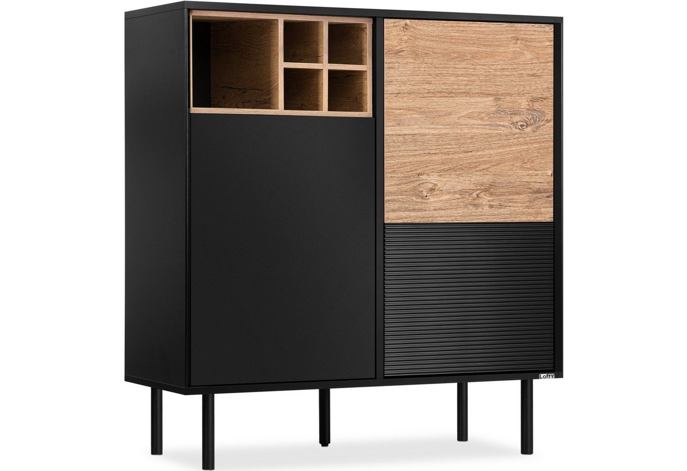 Konsimo Hochkommode LOFTY Sideboard Türkommode mit Füßen eiche schwarz, Höhe 109 cm, Holz, geriffelte Front, 3 Türen von Konsimo