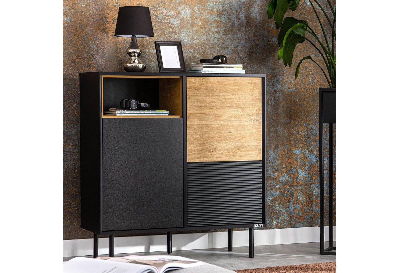 Konsimo Hochkommode LOFTY Sideboard Türkommode mit Füßen eiche schwarz, Höhe 109 cm, Holz, geriffelte Front, 3 Türen von Konsimo