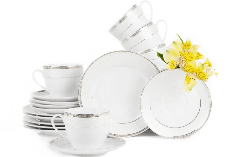 KONSIMO® Kaffeeservice AGAWA Tasse Untertasse Dessertteller Teeservice (18-tlg), 6 Personen, Porzellan, Elegant-Stil, rund von KONSIMO®