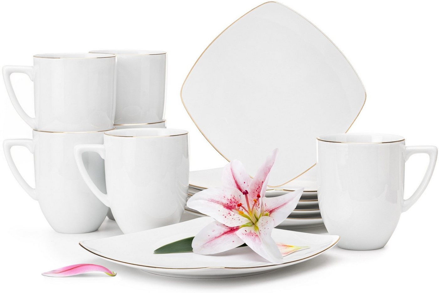 Konsimo Kaffeeservice CARLINA Becher Dessertteller (12-tlg), 6 Personen, Porzellan, Handwäsche, quadratisch, Elegant von Konsimo