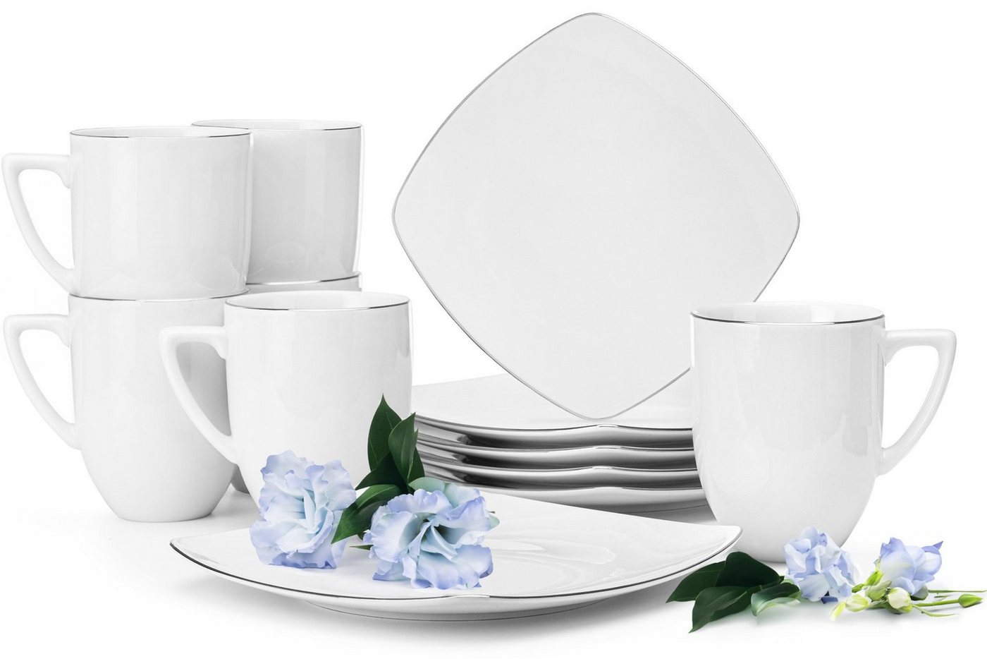 Konsimo Kaffeeservice CARLINA Becher Dessertteller (12-tlg), 6 Personen, Porzellan, Handwäsche, quadratisch, Elegant von Konsimo