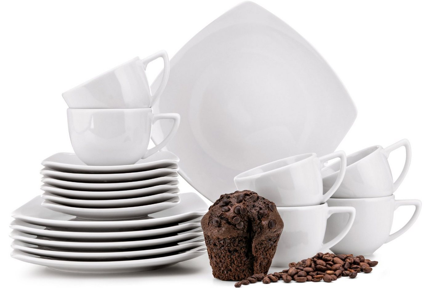Konsimo Kaffeeservice CARLINA Kaffeetasse Untertasse Dessertteller (18-tlg), 6 Personen, Porzellan, Spulmachinen- und Mikrowellengeeignet, quadratisch von Konsimo