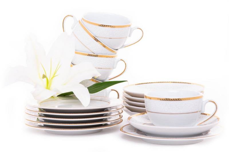 KONSIMO® Kaffeeservice NEW HOLLIS Tasse Untertasse Dessertteller Teeservice (18-tlg), 6 Personen, Porzellan, rund, 200ml von KONSIMO®