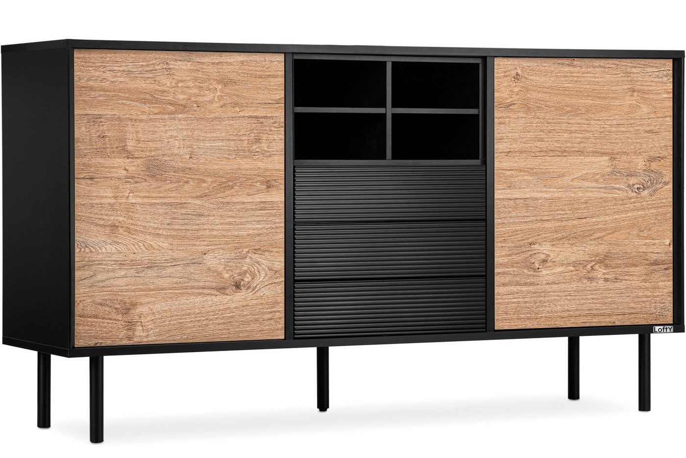 Konsimo Kombikommode LOFTY Sideboard Türkommode mit Schubladen industrial Style, Breite 151 cm, geriffelte Front, Holz, mit Schubladen von Konsimo