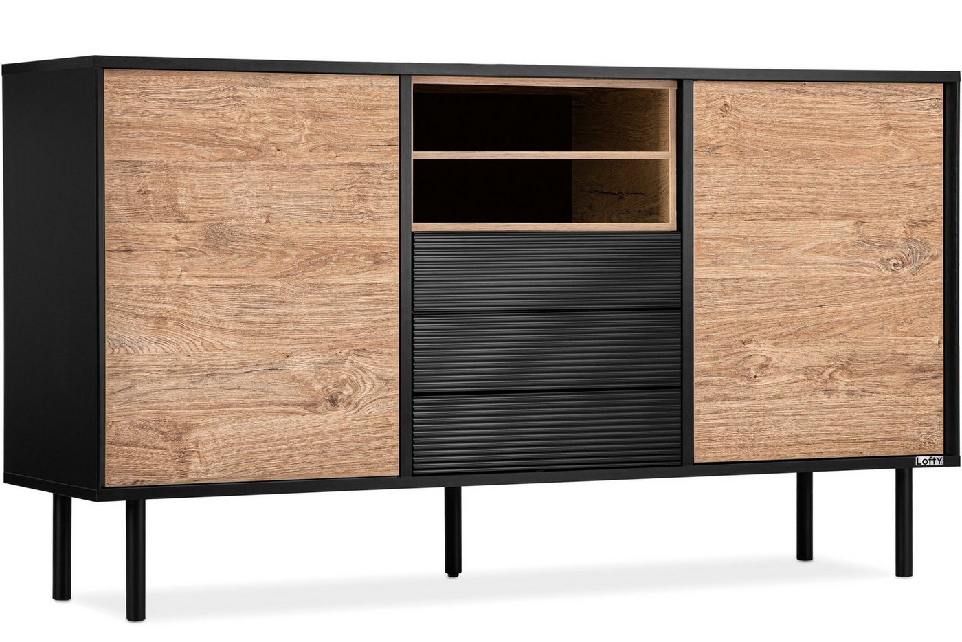 Konsimo Kombikommode LOFTY Sideboard Türkommode mit Schubladen industrial Style, Breite 151 cm, geriffelte Front, Holz, mit Schubladen von Konsimo