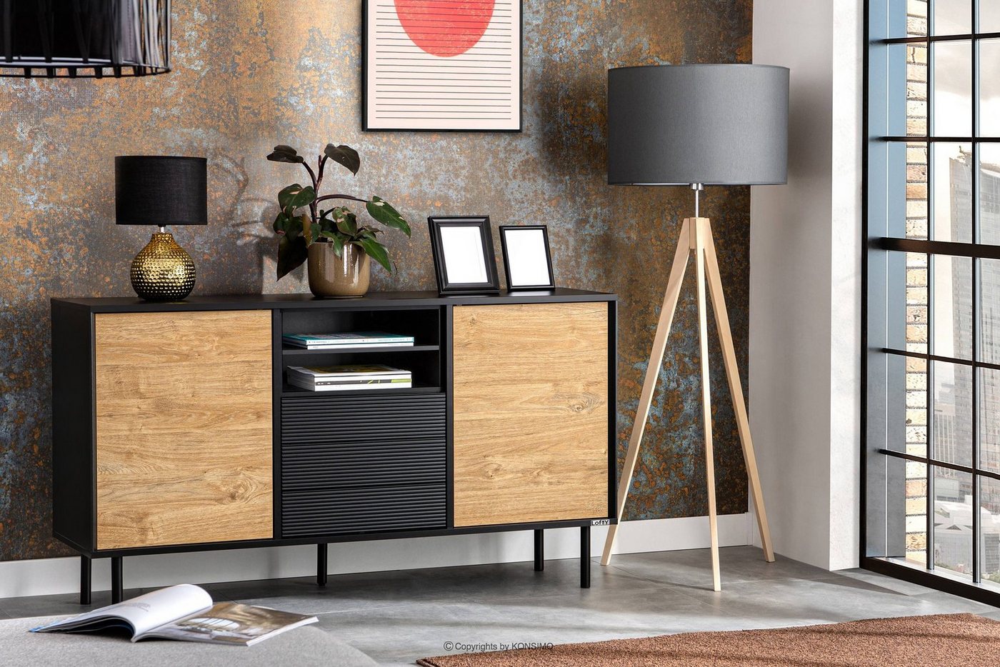 Konsimo Kombikommode LOFTY Sideboard Türkommode mit Schubladen industrial Style, Breite 151 cm, geriffelte Front, Holz, mit Schubladen von Konsimo