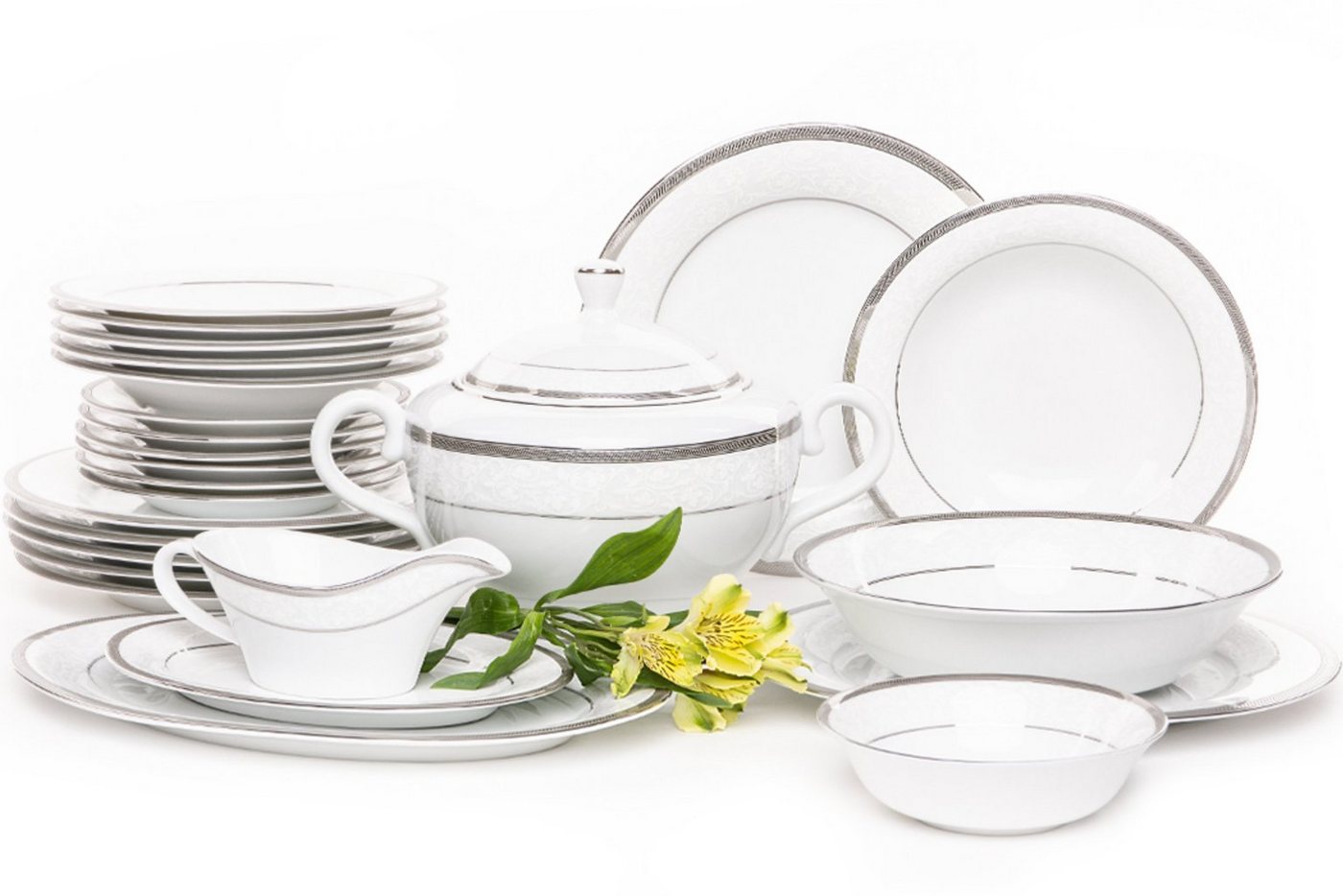 Konsimo Kombiservice GEOS PLATIN Tafelservice Servierplatte Terrine Sauciere (25-tlg), 6 Personen, Porzellan, rund, Spülmaschinengeeignet, Klassisch-Stil von Konsimo