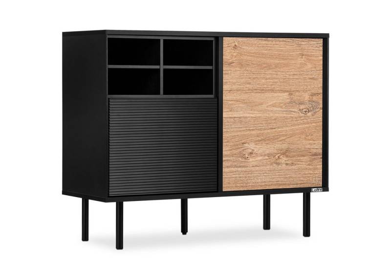 Konsimo Kommode LOFTY Türkommode Sideboard mit Füßen industrial Style eiche schwarz, Breite 102 cm, Holz, geriffelte Front von Konsimo