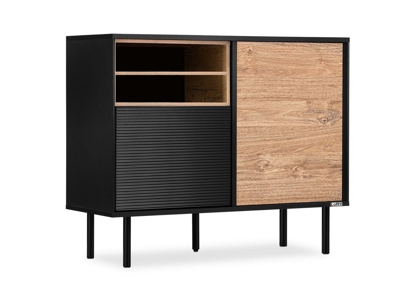 Konsimo Kommode LOFTY Türkommode Sideboard mit Füßen industrial Style eiche schwarz, Breite 102 cm, Holz, geriffelte Front von Konsimo