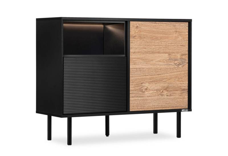 Konsimo Kommode LOFTY Türkommode Sideboard mit Füßen industrial Style eiche schwarz, Breite 102 cm, Holz, geriffelte Front von Konsimo