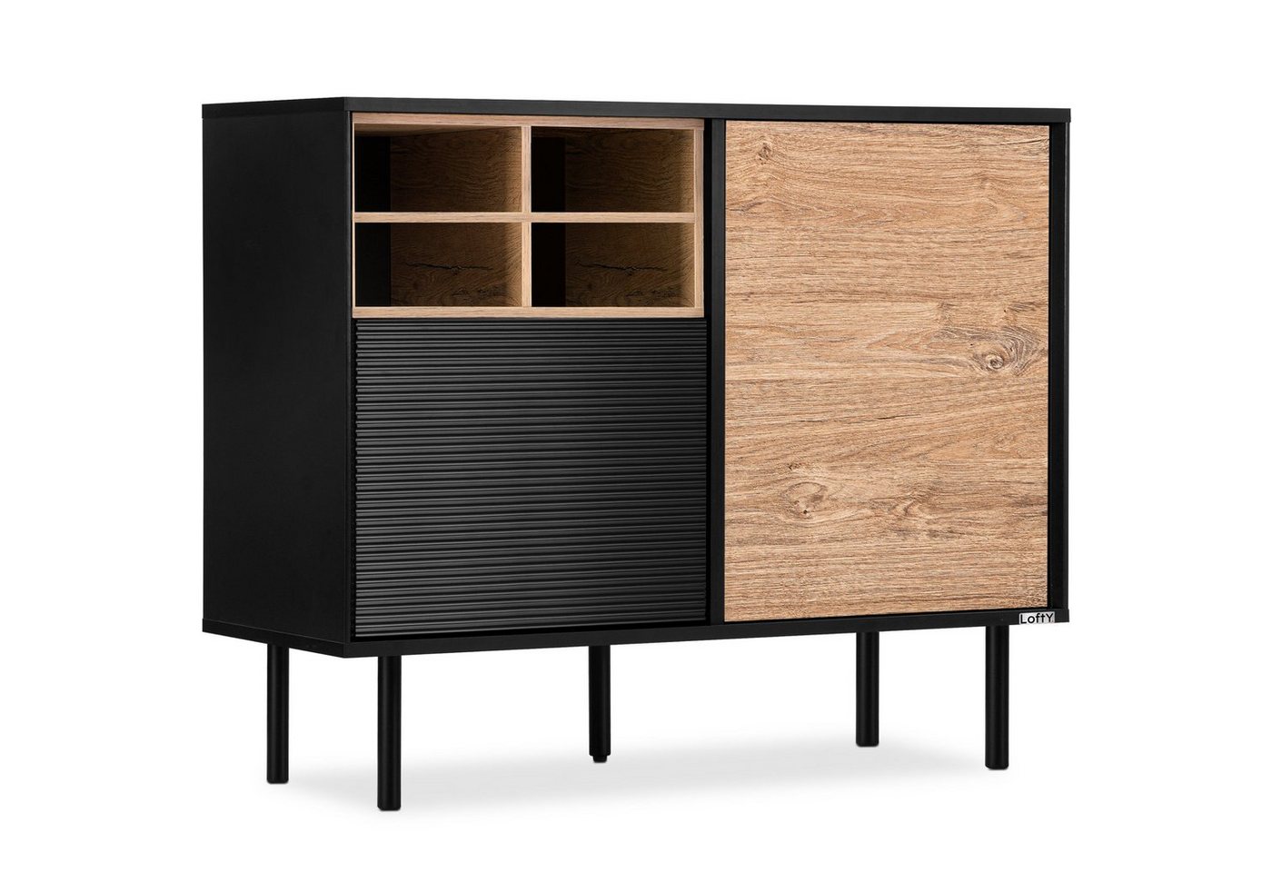 Konsimo Kommode LOFTY Türkommode Sideboard mit Füßen industrial Style eiche schwarz, Breite 102 cm, Holz, geriffelte Front von Konsimo