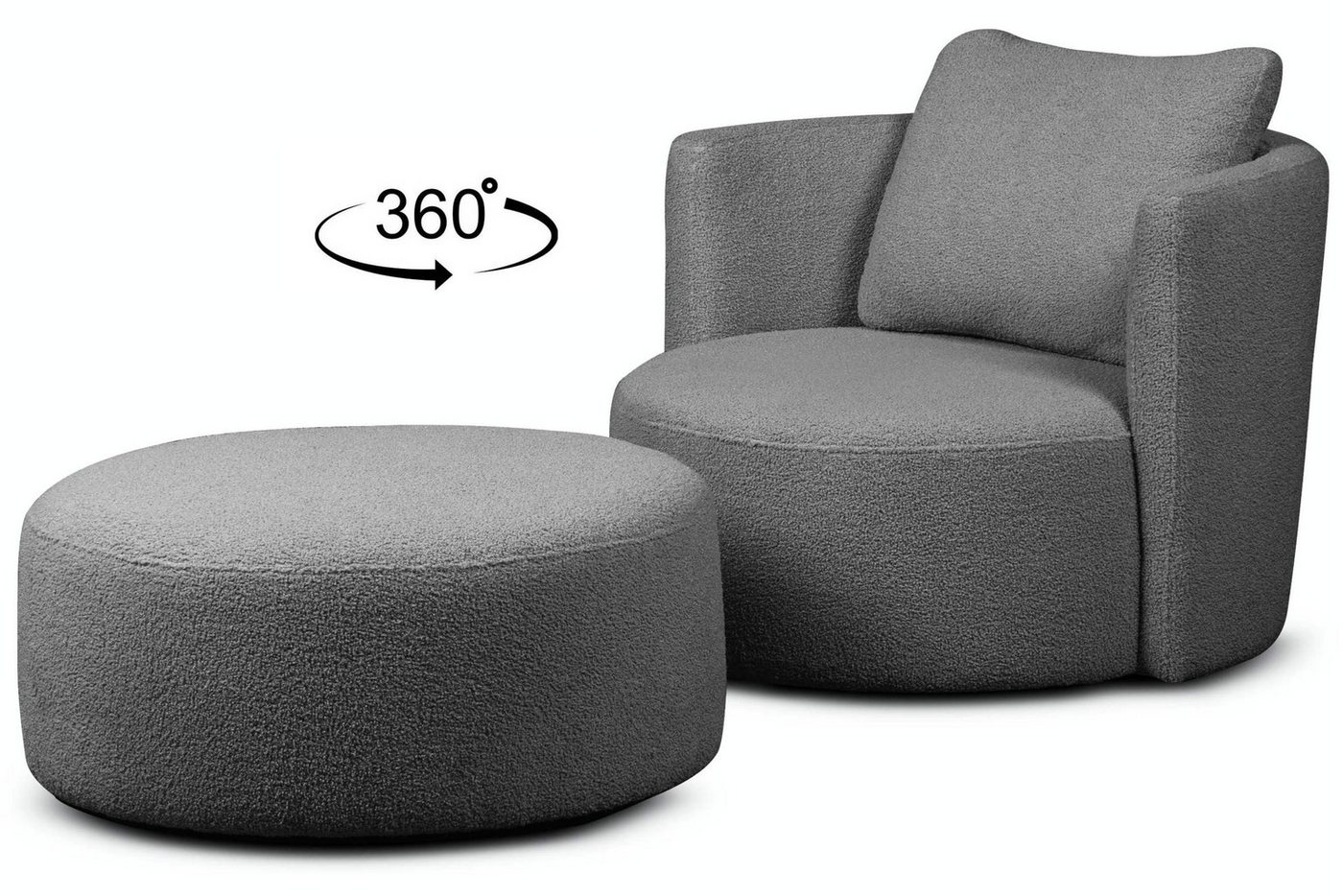 Konsimo Drehsessel RAGGI Sessel mit Sitzhocker, Bouclé-Stoff, komfortables Sitzen, mit 360° Drehfunktion von Konsimo