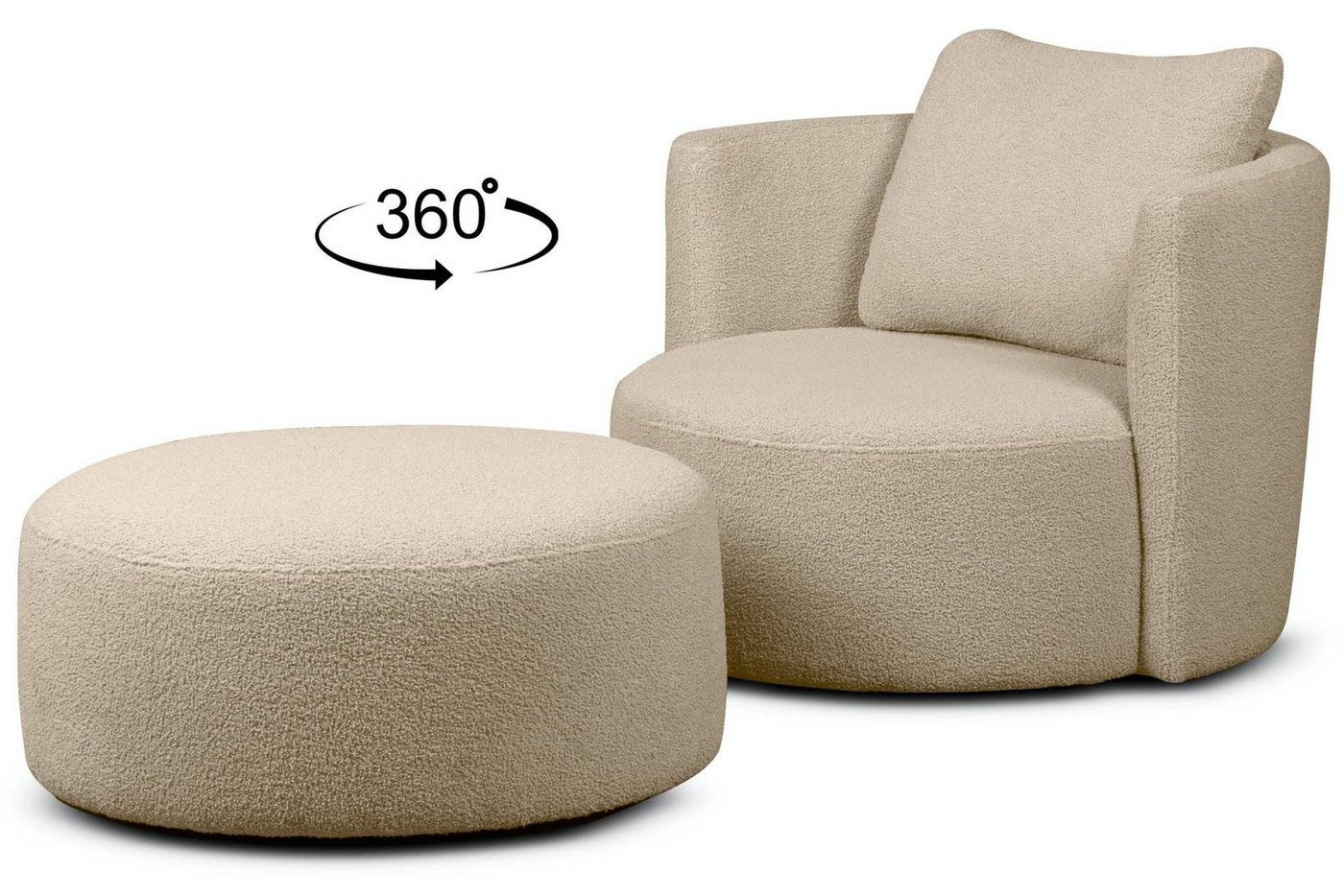 Konsimo Drehsessel RAGGI Sessel mit Sitzhocker, Bouclé-Stoff, komfortables Sitzen, mit 360° Drehfunktion von Konsimo