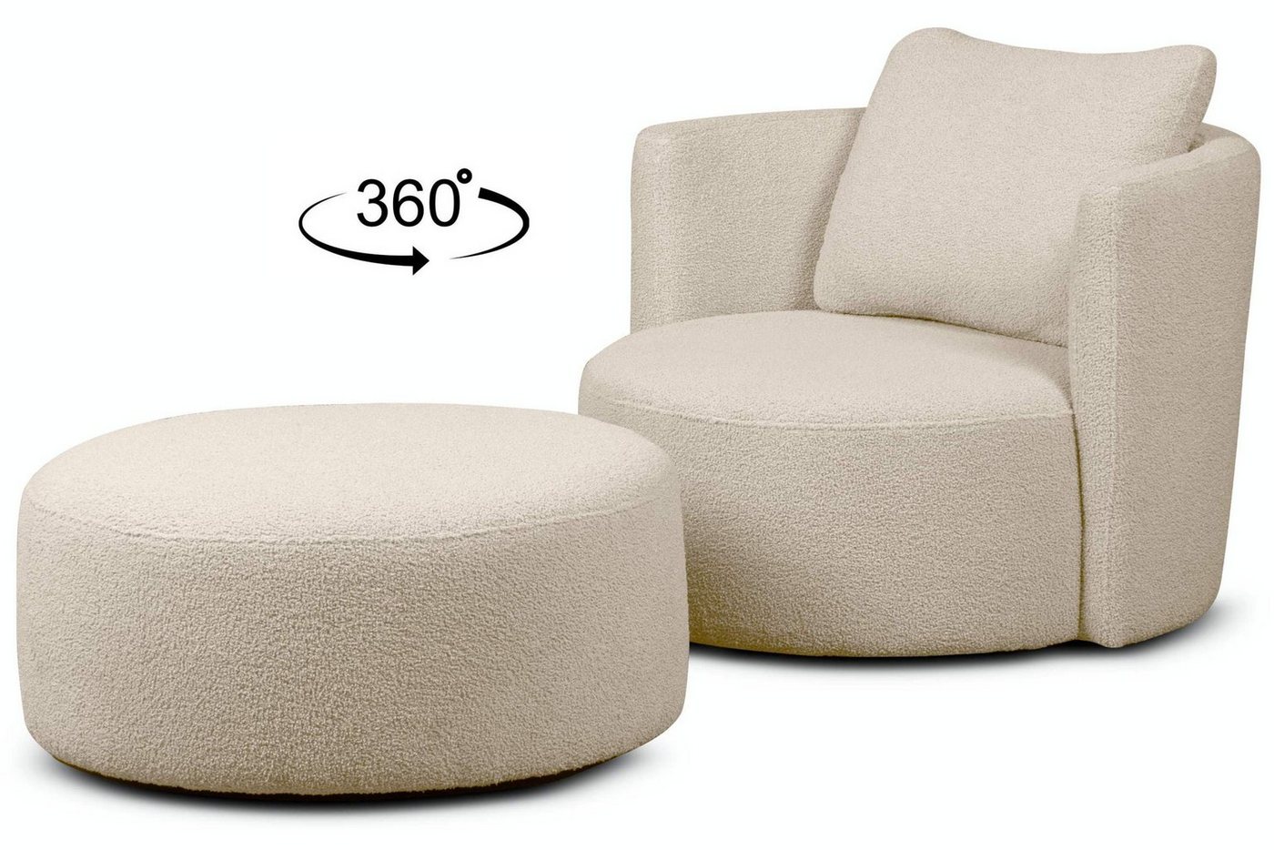 Konsimo Drehsessel RAGGI Sessel mit Sitzhocker, Bouclé-Stoff, komfortables Sitzen, mit 360° Drehfunktion von Konsimo