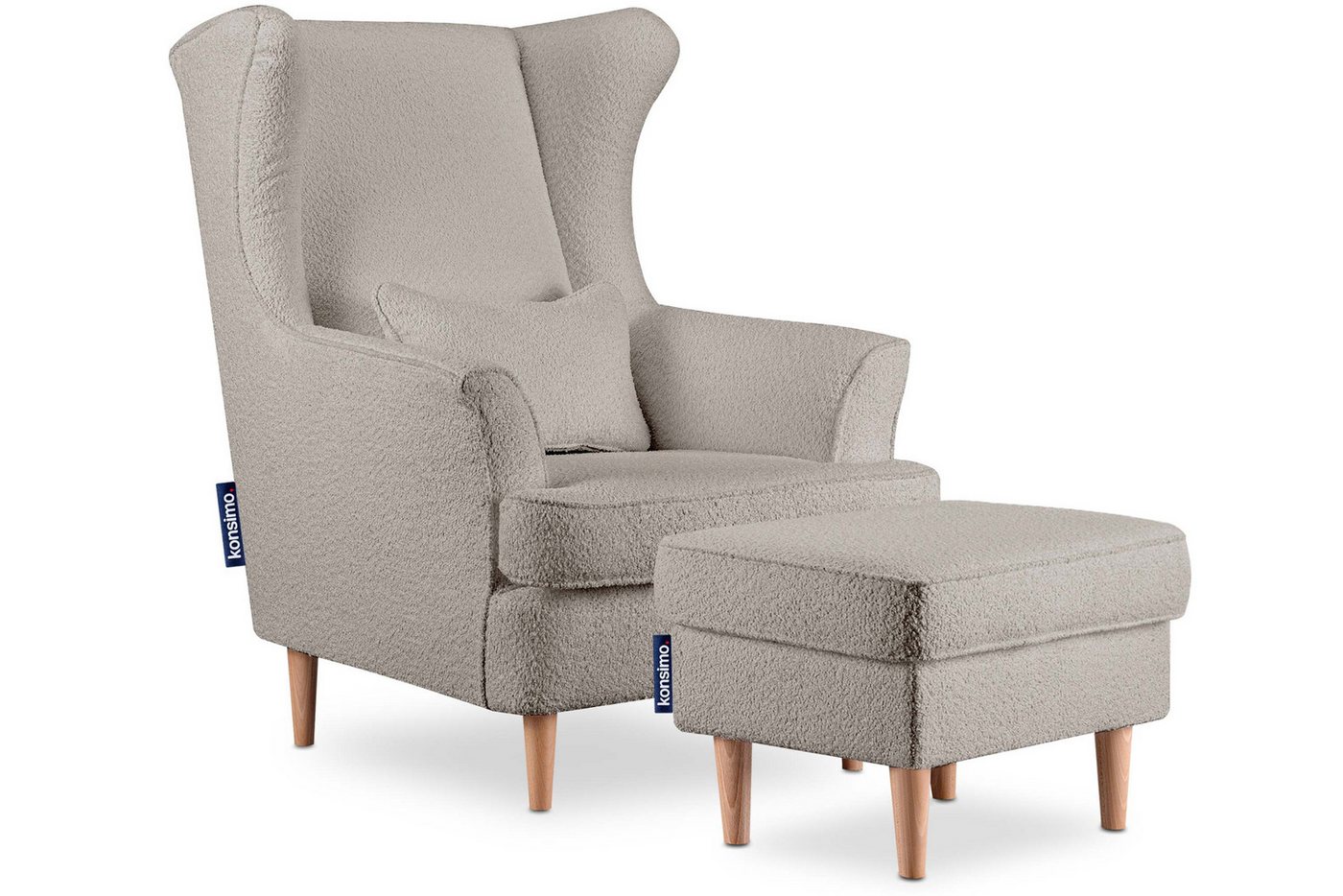 Konsimo Ohrensessel STRALIS Sessel mit Hocker, zeitloses Design, hohe Füße, inklusive dekorativem Kissen von Konsimo