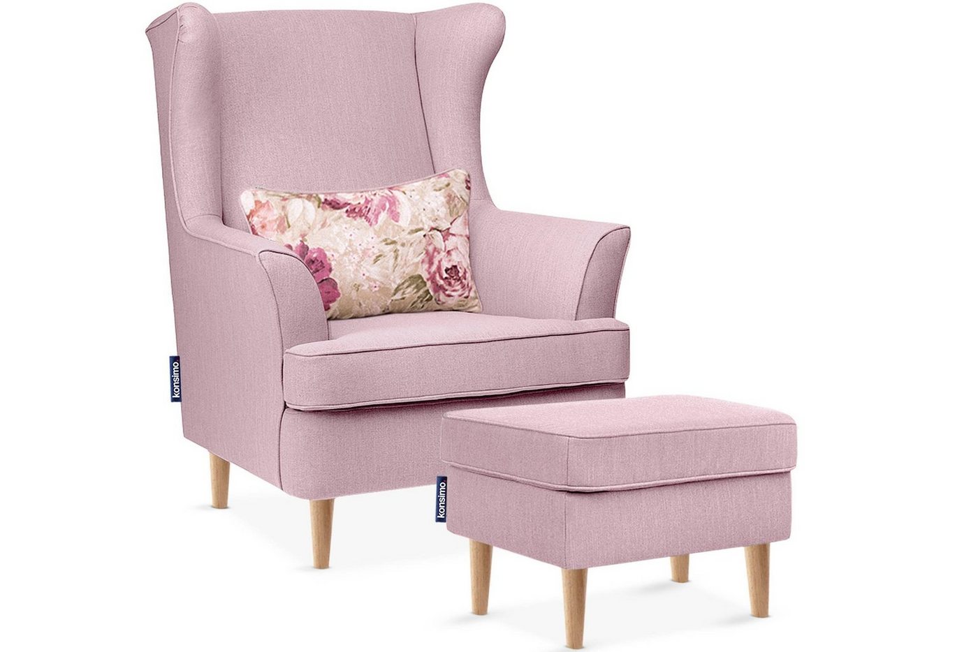 Konsimo Ohrensessel STRALIS Sessel mit Hocker, zeitloses Design, hohe Füße, inklusive dekorativem Kissen von Konsimo