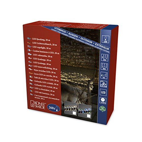 Konstsmide 3090-100 LED Mini Lichterschlauch 20m /für Außen (IP44) / 260 warm weiße Dioden / 4.5V Außentrafo, transparentes Kabel, Warmweiß, 144 LEDs von Konstsmide