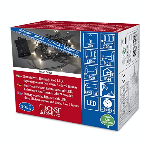 Konstsmide 3722-100 LED Lichterkette / für Außen (IP44) / Batteriebetrieben: 4xAA 1.5V (exkl.) / mit Lichtsensor, 6h und 9h Timer / 20 Dioden / schwarzes Kabel, Warmweiß von Konstsmide