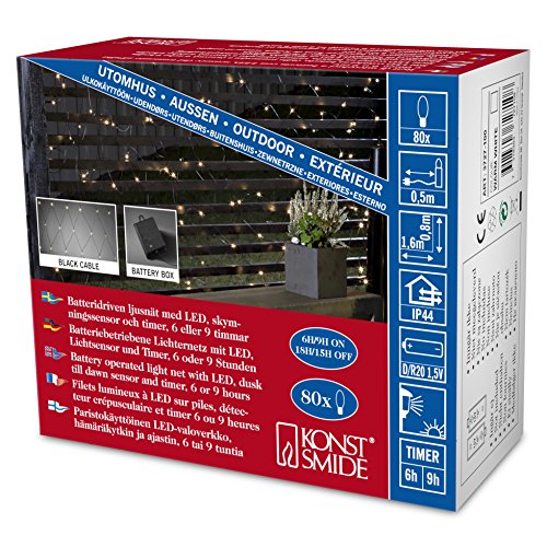 Konstsmide 3727-100 LED Lichternetz / für Außen (IP44) / Batteriebetrieben: 2xD 1.5V (exkl.) / mit Lichtsensor und 6h u. 9h Timer / 80 warm weiße Dioden / schwarzes Kabel von Konstsmide