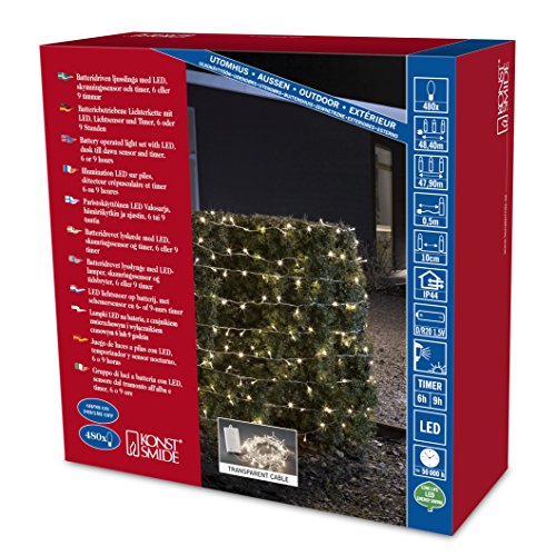 Konstsmide 3731-103 LED Lichterkette / für Außen (IP44) / Batteriebetrieben: 4xD 1.5V (exkl.) / mit Lichtsensor, 6h und 9h Timer / 480 Dioden / transparentes Kabel, weiß von Konstsmide