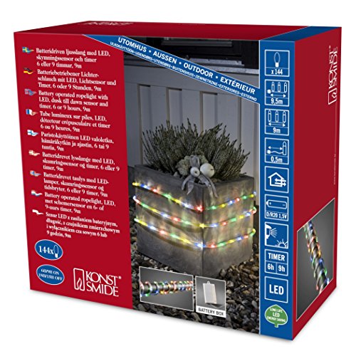 Konstsmide LED Lichterschlauch, 9m, mit Lichtsensor und 6h und 9h Timer, 144 bunte Dioden, batteriebetrieben, Außen (IP44), 4 x D 1.5V (exkl.) - 3745-500 von Konstsmide