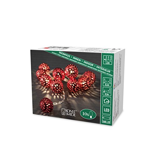 Konstsmide LED Dekolichterkette, kleine rote Metallbälle, 10 warm weiße Dioden, batteriebetrieben, Innen, transparentes Kabel, 3 x AA 1.5V (exkl.) - 3188-553, Rot von Konstsmide