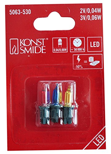 Konstsmide LED Ersatzbirne, 3er-Blister, 1 rote/1 gelbe/1 blaue Diode, 2V / 2V / 3V, 0.04.W / 0.04W / 0.06W, grüne Steckfassung - 5063-530 von Konstsmide