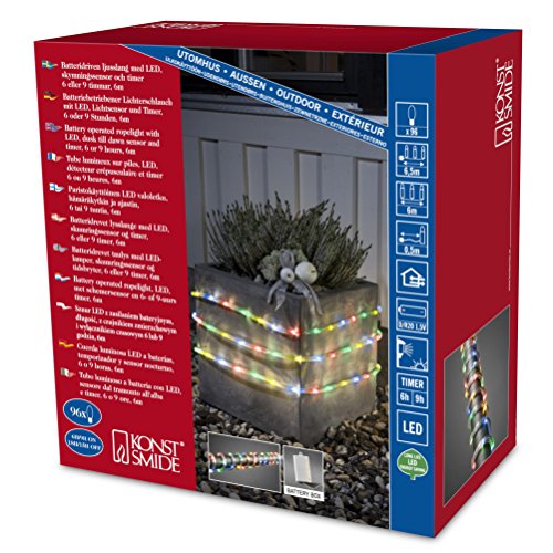 Konstsmide LED Lichterschlauch, 6m, mit Lichtsensor und 6h und 9h Timer, 96 bunte Dioden, batteriebetrieben, Außen (IP44), 4 x D 1.5V (exkl.) - 3744-500 von Konstsmide
