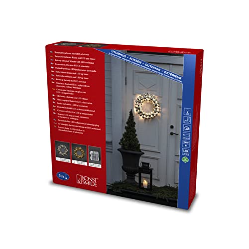 Konstsmide LED Weihnachtskranz, messingfarben,mit 9h Timer, 50 bernsteinfarbene Dioden, batteriebetrieben, Außen (IP44), transparentes Kabel - 3783-803 von Konstsmide